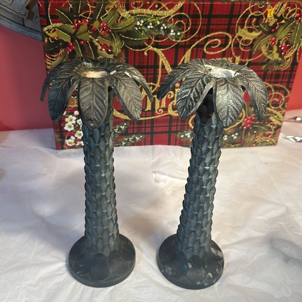 Vintage Hollywood regency textured heavy solid metal palm tree candlesticks